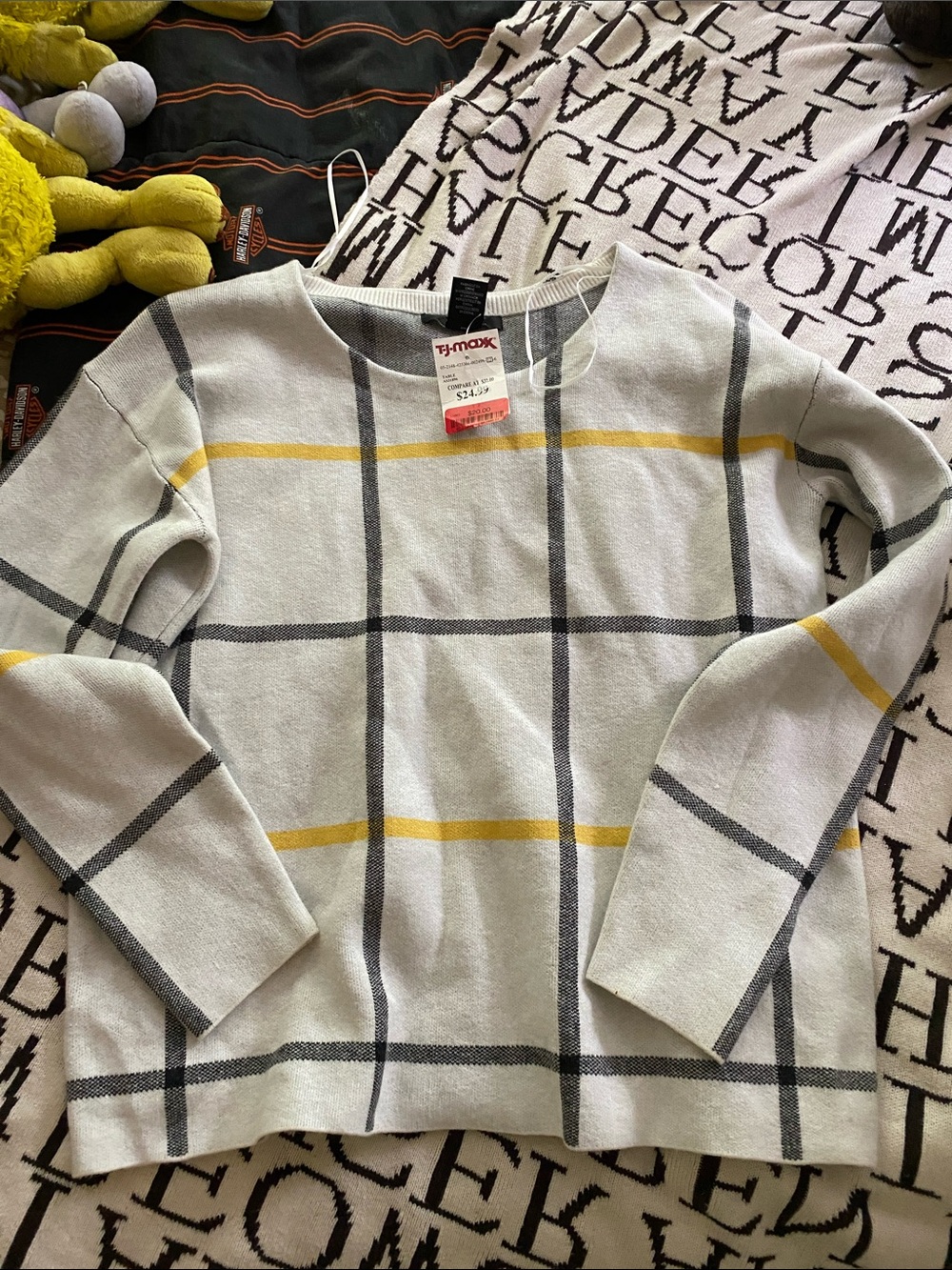 Tahari Cream Crewneck Sweater with Gray and Yellow Windowpane